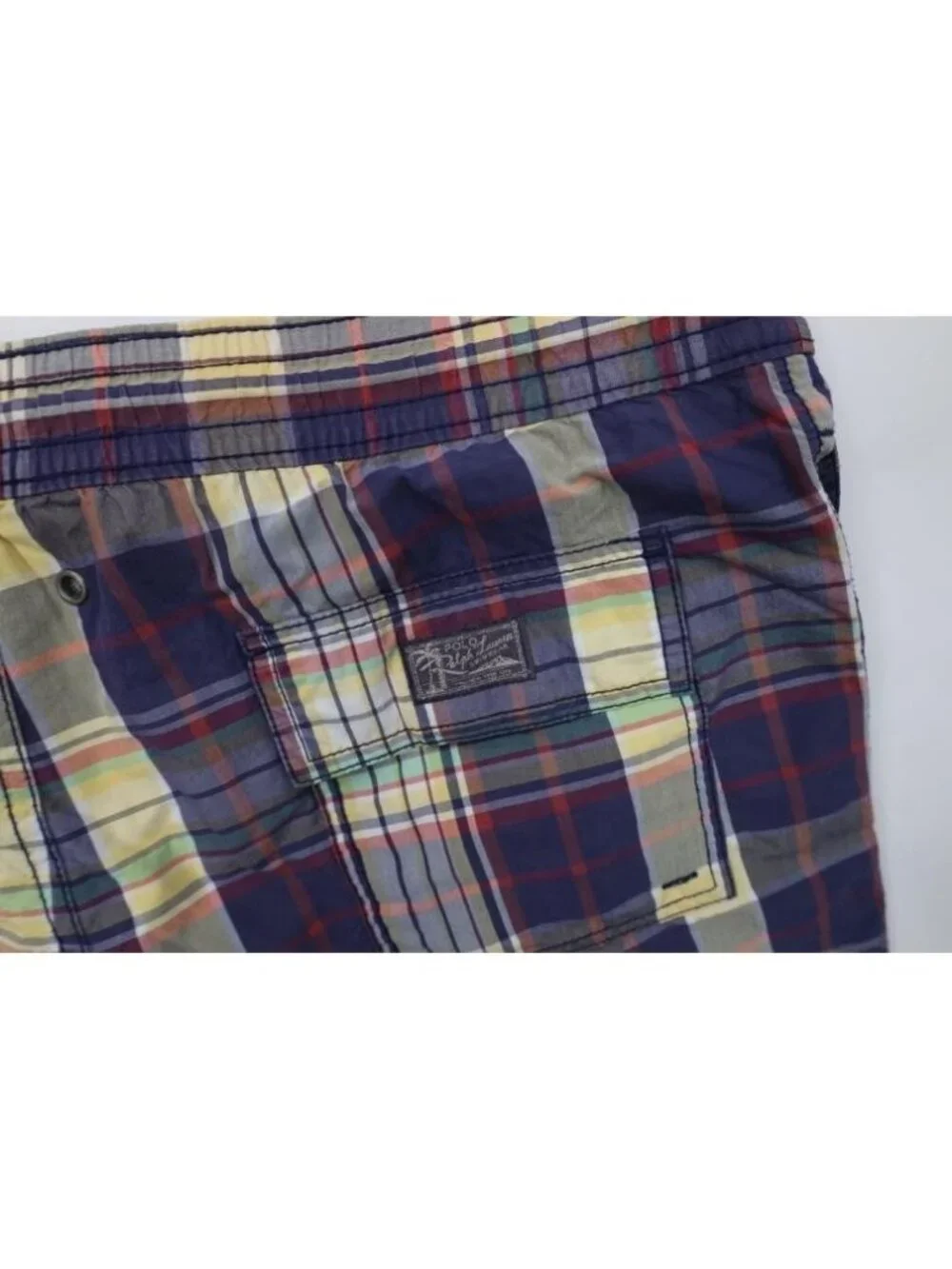 Vtg 90s Ralph Lauren Mens Medium Faded Rainbow Madras Plaid Lined Shorts Swim
